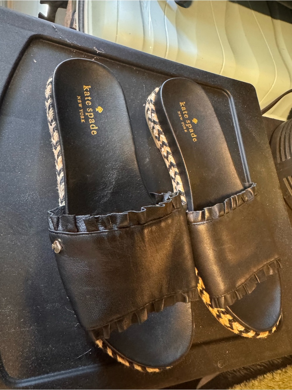 kate spade Black Ruffle Slide Sandals with Braided Trim